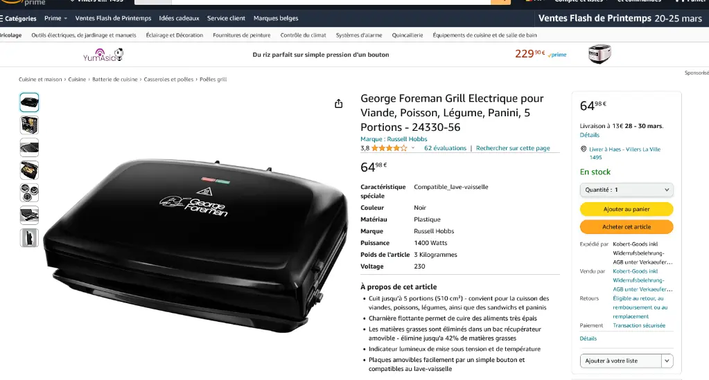 Screenshot 2024-03-23 at 12-22-28 George Foreman Grill Electrique pour Viande Poisson Légume Panini 5 Portions - 24330-56 Amazon.com.be Cuisine et maison.webp