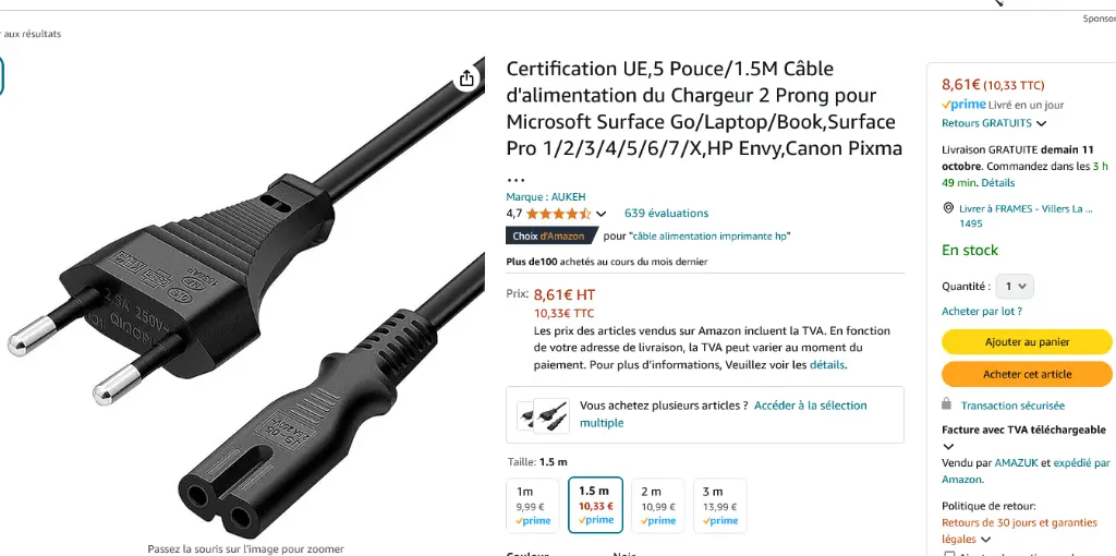 Screenshot 2024-10-10 at 20-10-48 Cable d'alimentation Euro，2 Meters，Cable Alimentation 2 Pin c7 fiche Bipolaire Cordon pour PC Monitor，DVD，Imprimante，Samsung Philips LG Sony TV，PS4， Microsoft Surface Go_Laptop_Book HP Envy. … Amaz[...].webp